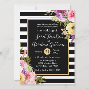 Invitation Fleurs Roses en noir et blanc Mariage