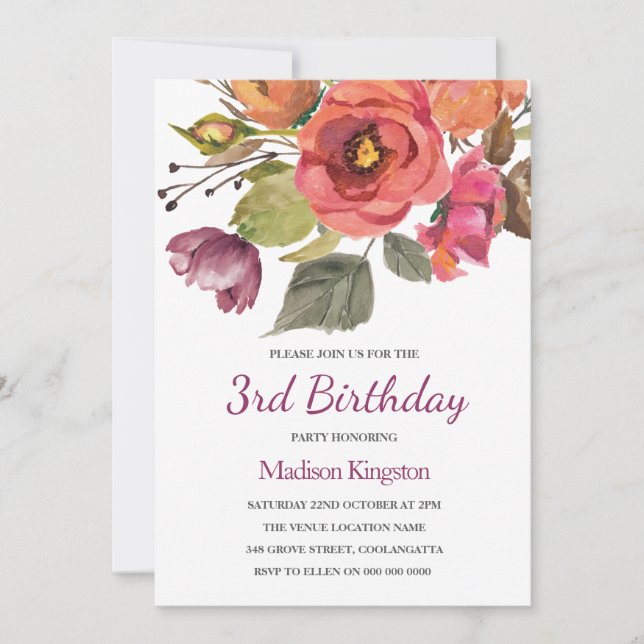 Invitation Fleurs roses Enfants Anniversaire de enfant Invita (Devant)