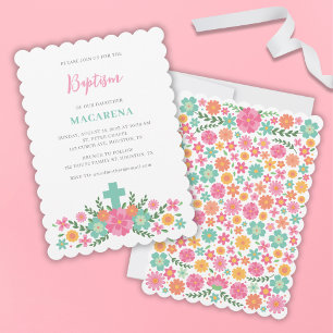 Invitation Fleurs roses et aqua avec croix bébé fille Baptême