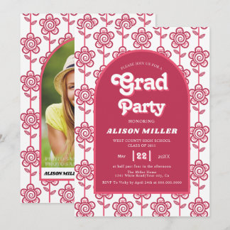 Invitation Fleurs roses et aqua super rétro les années 70 Gra
