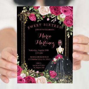 Invitation Fleurs roses et Arrière - plan noir 16e anniversai