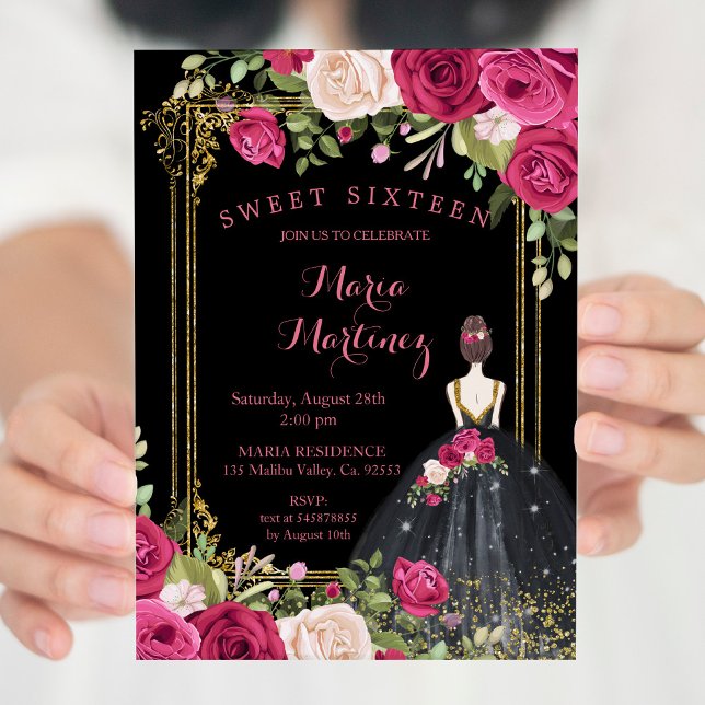 Invitation Fleurs roses et Arrière - plan noir 16e anniversai (Créateur téléchargé)