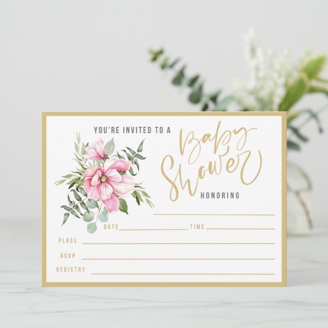 Invitation Fleurs roses et Baby shower de verdure (Debout devant)