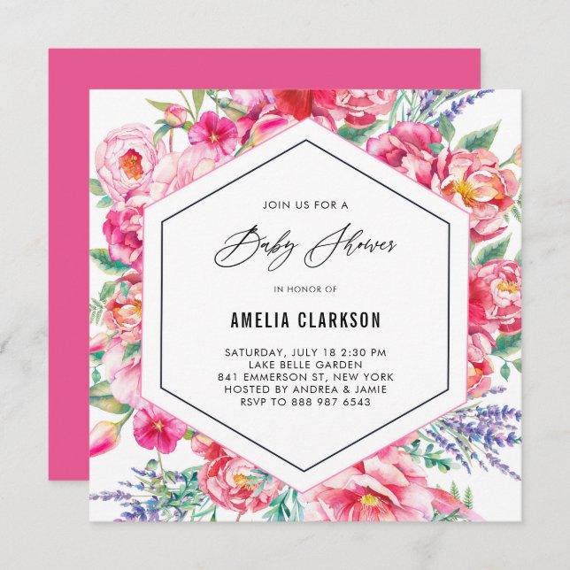 Invitation Fleurs roses et Baby shower lavande (Devant / Derrière)