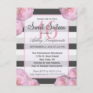Invitation Fleurs roses et bandes noires, grises et blanches