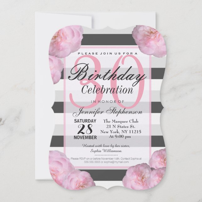 Invitation Fleurs roses et bandes noires, grises et blanches (Devant)