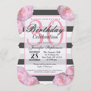 Invitation Fleurs roses et bandes noires, grises et blanches