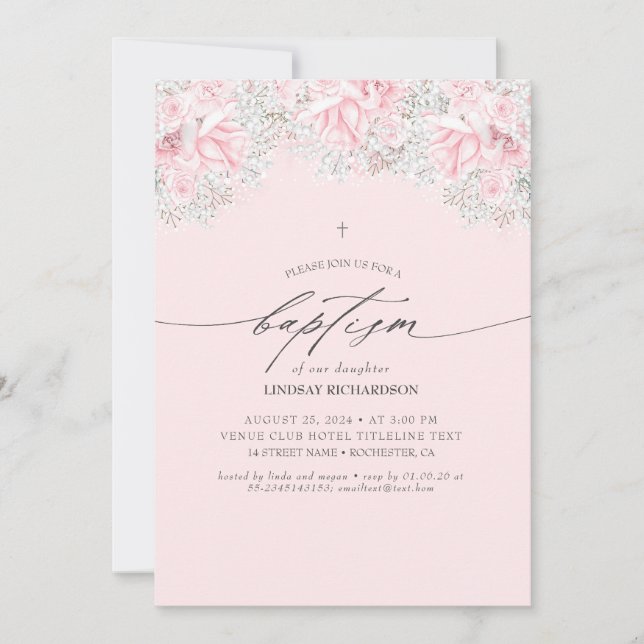 Invitation Fleurs roses et Baptême de petite fille (Devant)