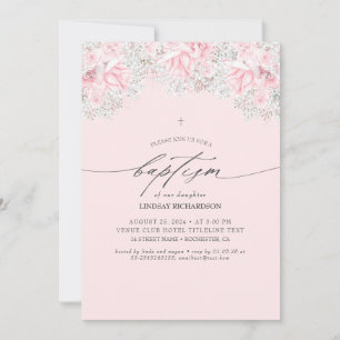Invitation Fleurs roses et Baptême de petite fille