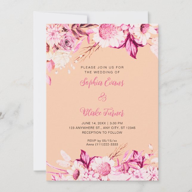 Invitation Fleurs roses et blanches Mariage bohème orange (Devant)