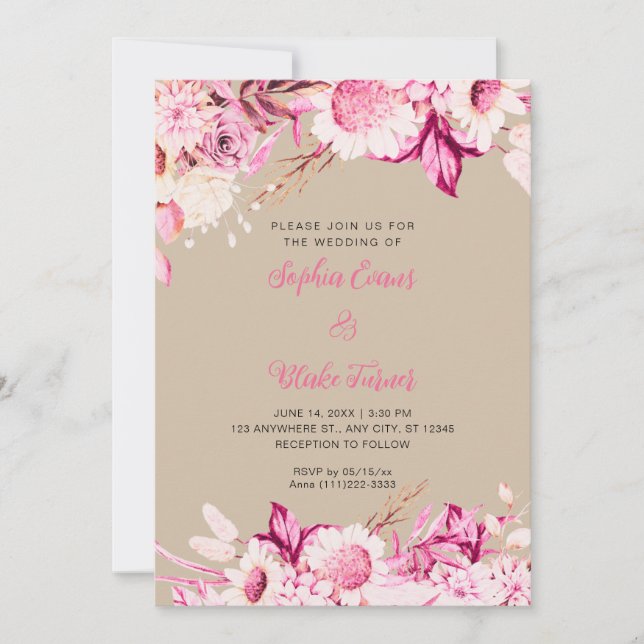 Invitation Fleurs roses et blanches Mariage bohème Vanille (Devant)