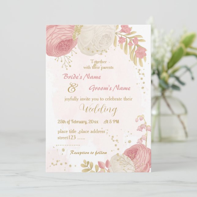 Invitation fleurs roses et blanches or mariage botanique (Debout devant)