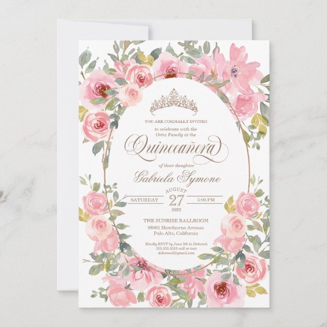 Invitation Fleurs roses et bleues Aquarelle Florale Quinceane (Devant)