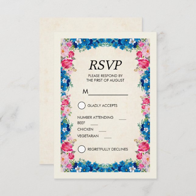 Invitation Fleurs roses et bleues Fancy Elegant RSVP (Devant / Derrière)