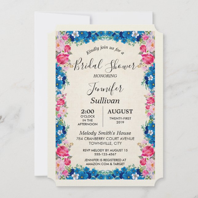 Invitation Fleurs roses et bleues Fancy Élégant Shower de mar (Devant)