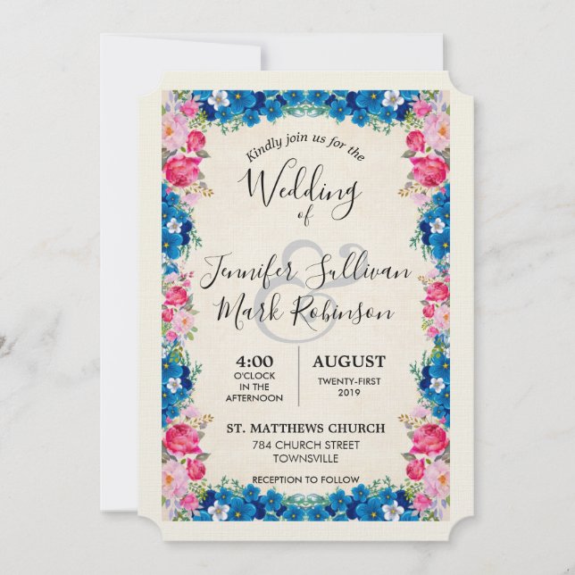 Invitation Fleurs roses et bleues Mariage élégant et fantaisi (Devant)