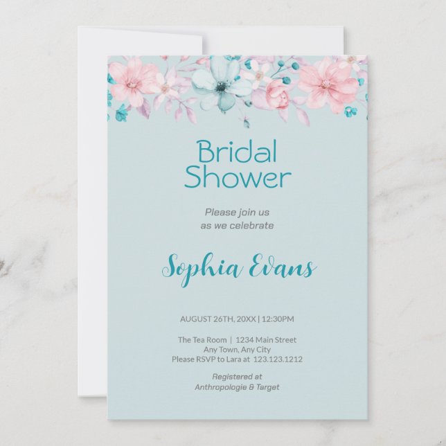 Invitation Fleurs roses et bleues Réception de mariage bleu (Devant)