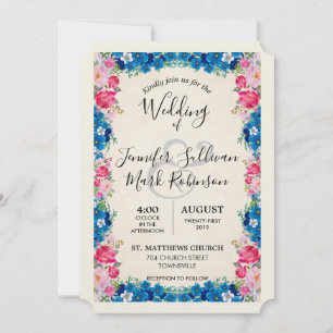 Invitation Fleurs roses et bleues Soigné Mariage élégant