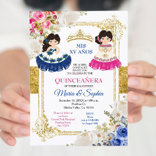 Invitation Fleurs roses et bleues Twin Quinceanera