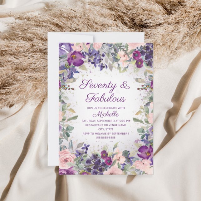 Invitation Fleurs roses et blush violettes 70 ans et Invitati (Créateur téléchargé)