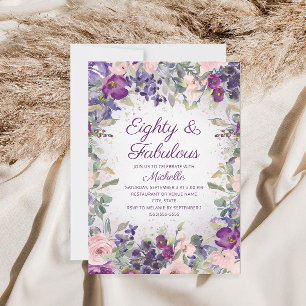 Invitation Fleurs roses et blush violettes 80 ans et fabuleux