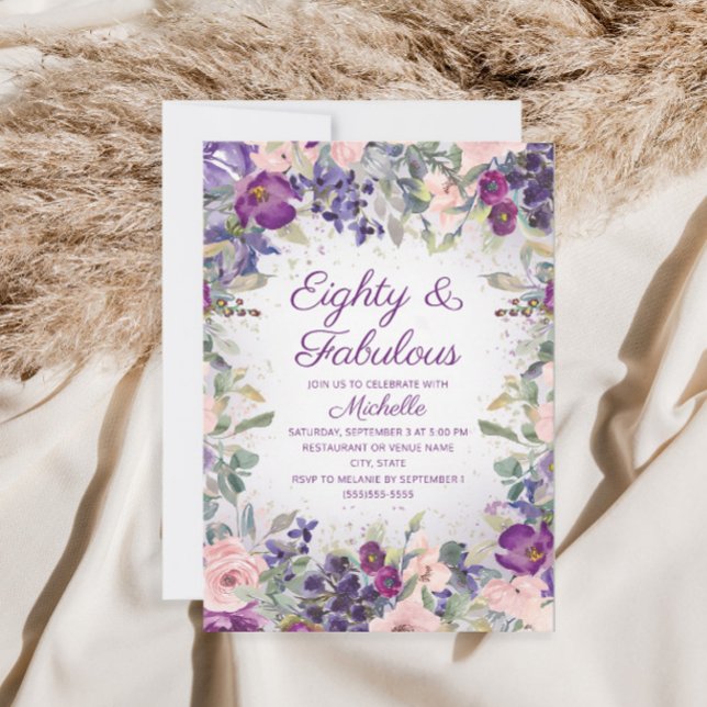 Invitation Fleurs roses et blush violettes 80 ans et fabuleux (Créateur téléchargé)