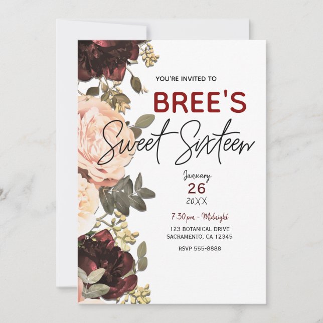 Invitation Fleurs roses et bordeaux de feuillage pour Sweet 1 (Devant)