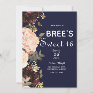Invitation Fleurs roses et bordeaux de verdure bleu marine Sw