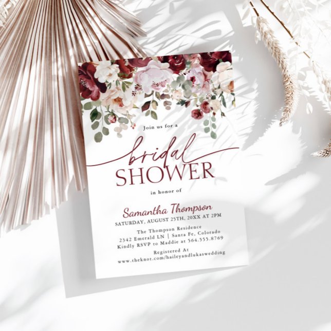 Invitation Fleurs roses et bordeaux, douche de mariée florale (Créateur téléchargé)