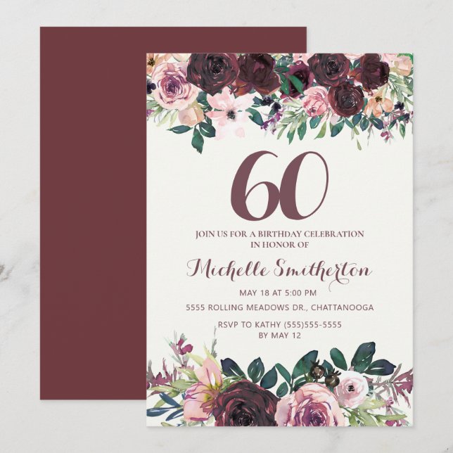 Invitation Fleurs roses et bordeaux pour 60 ans (Devant / Derrière)