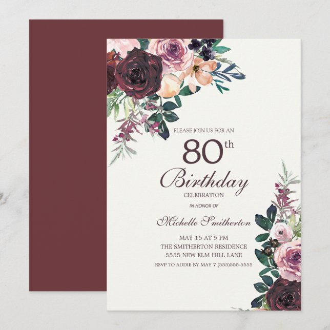 Invitation Fleurs roses et bordeaux pour 80 ans (Devant / Derrière)