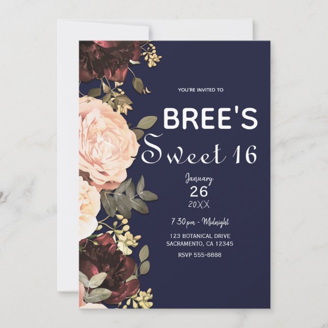 Invitation Fleurs roses et bordeaux sur verdure fond bleu mar (Devant)