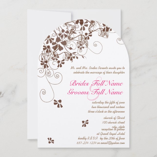 Invitation Fleurs roses et Brown tournois de mariage Invitati (Devant)