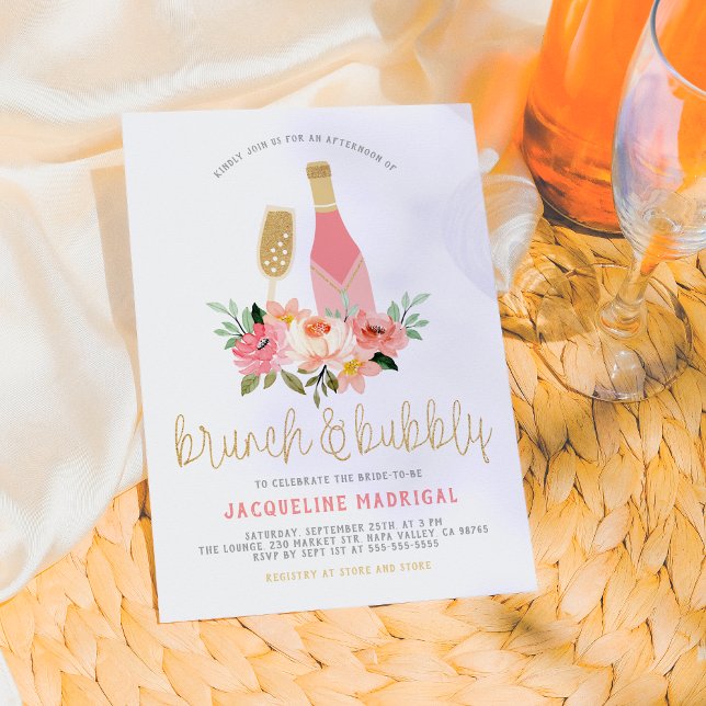 Invitation Fleurs roses et brunch doré et champagne Shower de (Créateur téléchargé)