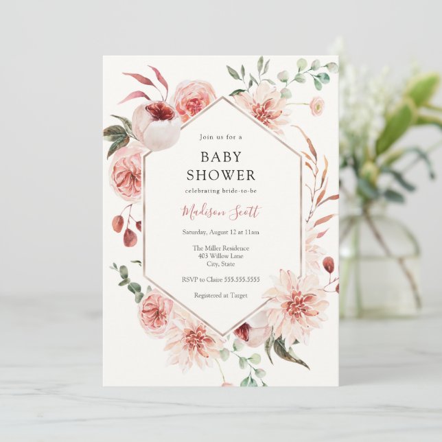 Invitation Fleurs roses et cadre de verdure pour Baby Shower (Debout devant)