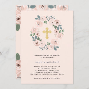 Invitation Fleurs roses et croix d'or jolies  Baptême