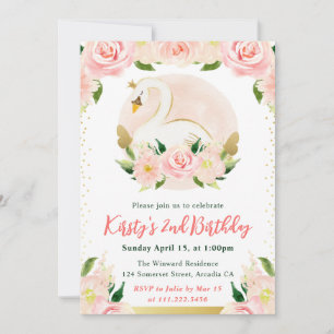 Invitation Fleurs roses et cygne d'anniversaire à l'aquarelle