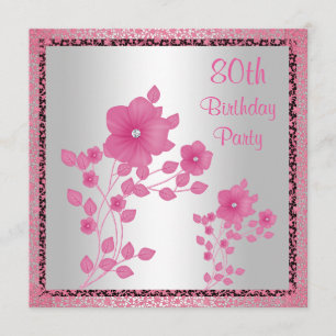 Invitation Fleurs roses et dentelle 80e fête d'anniversaire