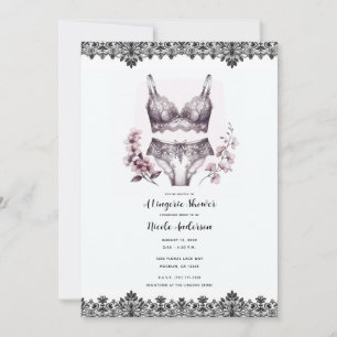 Invitation Fleurs roses et dentelle noire Lacey Lingerie Douc