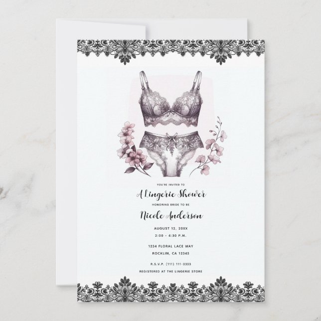 Invitation Fleurs roses et dentelle noire Lingerie de Lacey s (Devant)