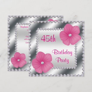 Invitation Fleurs roses et diamants 45e anniversaire
