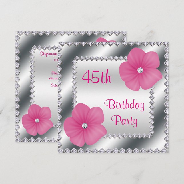 Invitation Fleurs roses et diamants 45e anniversaire (Devant / Derrière)