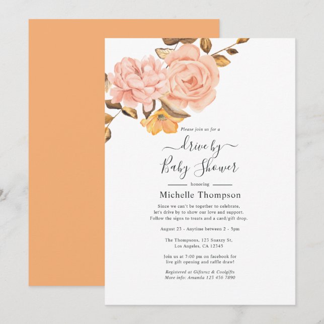 Invitation Fleurs roses et dorées pour une douche de mariage  (Devant / Derrière)