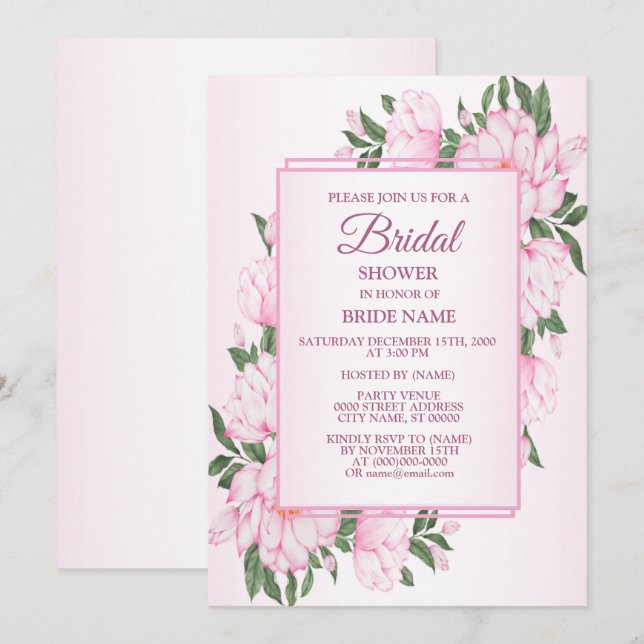 Invitation Fleurs roses et feuilles vertes Élégante douche de (Devant / Derrière)