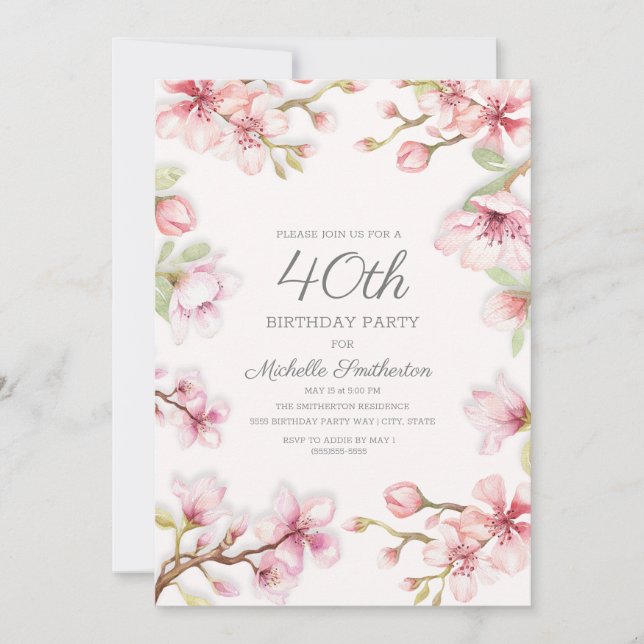 Invitation Fleurs roses et feuilles vertes pour les 40 ans d' (Devant)