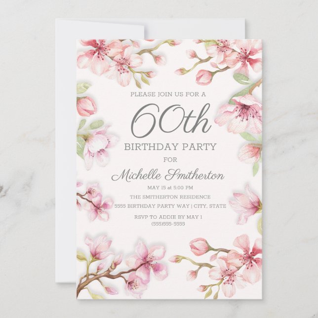 Invitation Fleurs roses et feuilles vertes pour les 60 ans d' (Devant)