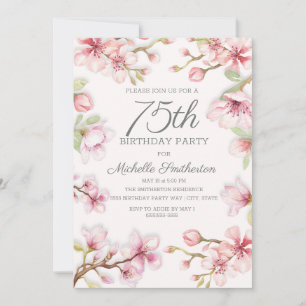 Invitation Fleurs roses et feuilles vertes pour les 75 ans d'
