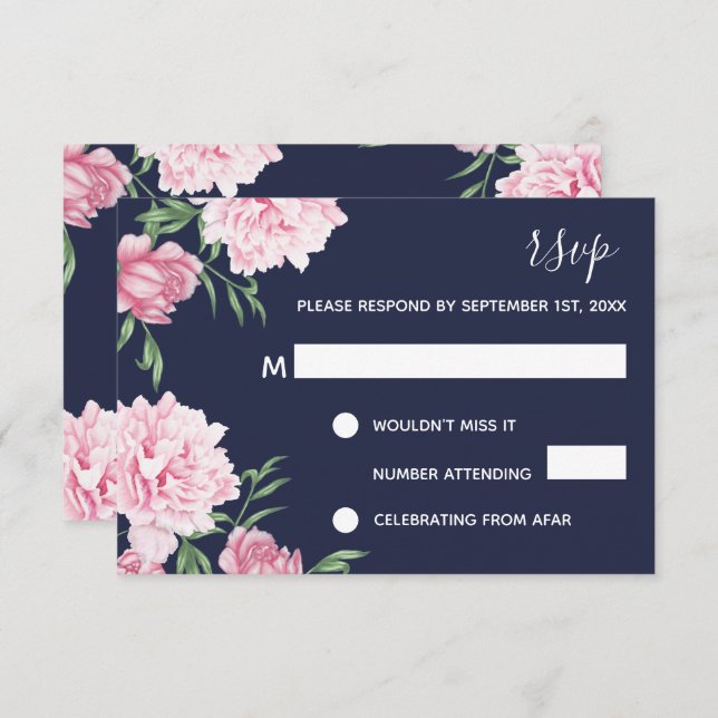 Invitation Fleurs roses et fond marine | RSVP (Devant / Derrière)
