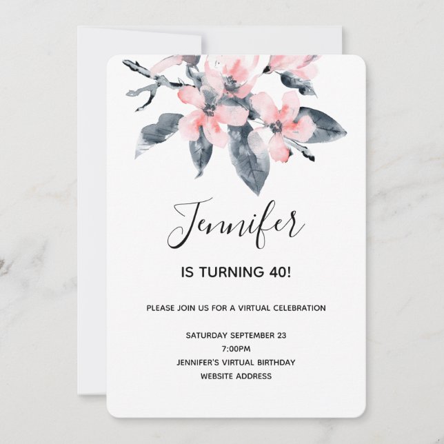 Invitation Fleurs roses et gris Aquarelle Anniversaire virtue (Devant)