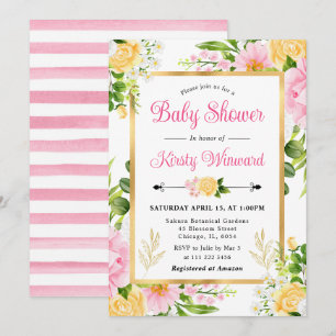 Invitation Fleurs roses et jaunes à l'aquarelle Baby Shower